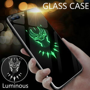 FUNM'OB Marvel Batman Superman Spiderman Luminous Glass Case For iphone 7 8 6 6s Plus X 10 Avengers Black Panther iron Man Cover