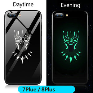 FUNM'OB Marvel Batman Superman Spiderman Luminous Glass Case For iphone 7 8 6 6s Plus X 10 Avengers Black Panther iron Man Cover