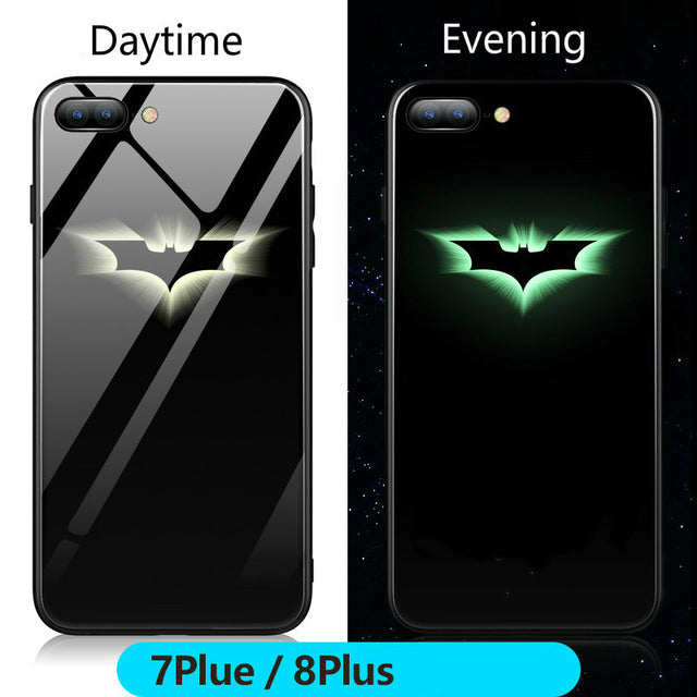 FUNM'OB Marvel Batman Superman Spiderman Luminous Glass Case For iphone 7 8 6 6s Plus X 10 Avengers Black Panther iron Man Cover