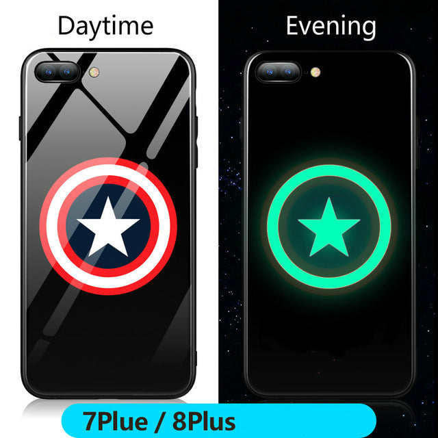 FUNM'OB Marvel Batman Superman Spiderman Luminous Glass Case For iphone 7 8 6 6s Plus X 10 Avengers Black Panther iron Man Cover
