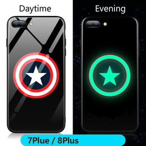 FUNM'OB Marvel Batman Superman Spiderman Luminous Glass Case For iphone 7 8 6 6s Plus X 10 Avengers Black Panther iron Man Cover