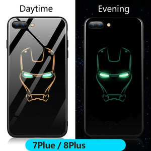 FUNM'OB Marvel Batman Superman Spiderman Luminous Glass Case For iphone 7 8 6 6s Plus X 10 Avengers Black Panther iron Man Cover