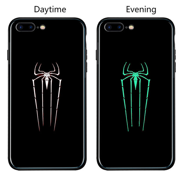 FUNM'OB Marvel Batman Superman Spiderman Luminous Glass Case For iphone 7 8 6 6s Plus X 10 Avengers Black Panther iron Man Cover