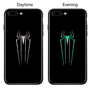 FUNM'OB Marvel Batman Superman Spiderman Luminous Glass Case For iphone 7 8 6 6s Plus X 10 Avengers Black Panther iron Man Cover