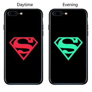 FUNM'OB Marvel Batman Superman Spiderman Luminous Glass Case For iphone 7 8 6 6s Plus X 10 Avengers Black Panther iron Man Cover