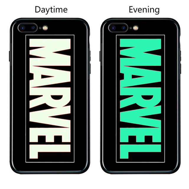 FUNM'OB Marvel Batman Superman Spiderman Luminous Glass Case For iphone 7 8 6 6s Plus X 10 Avengers Black Panther iron Man Cover