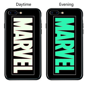 FUNM'OB Marvel Batman Superman Spiderman Luminous Glass Case For iphone 7 8 6 6s Plus X 10 Avengers Black Panther iron Man Cover