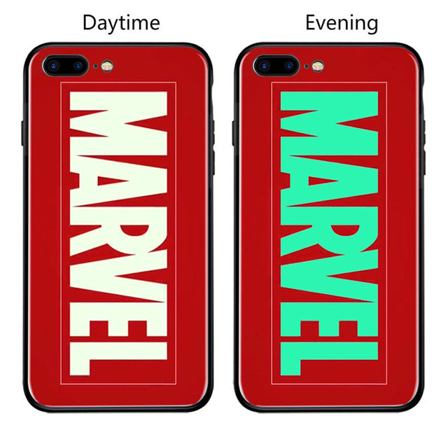 FUNM'OB Marvel Batman Superman Spiderman Luminous Glass Case For iphone 7 8 6 6s Plus X 10 Avengers Black Panther iron Man Cover